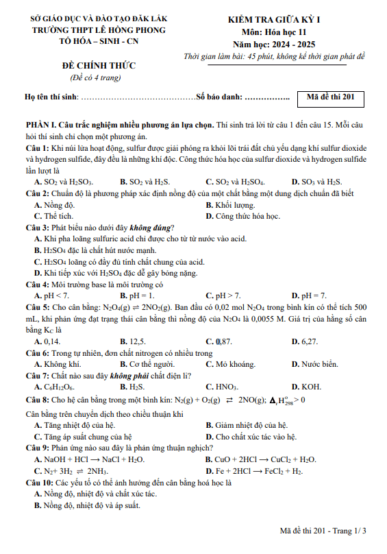 Đề giữa kì 1 Hóa học 11 năm 2024 – 2025 trường THPT Lê Hồng Phong – Đắk Lắk