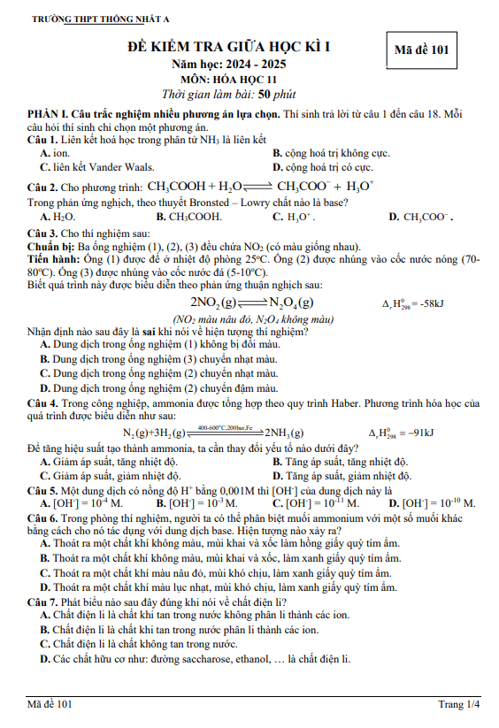 Đề giữa kì 1 Hóa học 11 năm 2024 – 2025 trường THPT Thống Nhất A – Đồng Nai