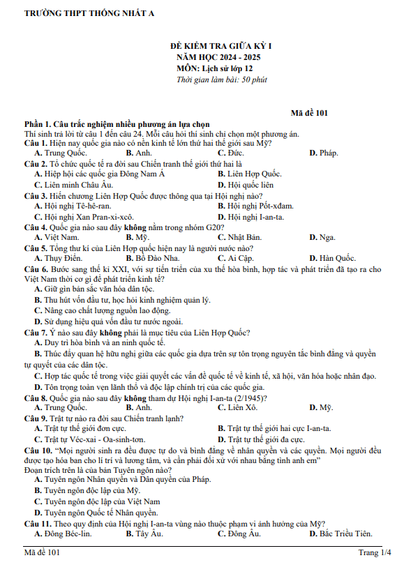 Đề giữa kì 1 Lịch sử 12 năm 2024 – 2025 trường THPT Thống Nhất A – Đồng Nai