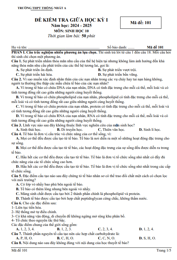 Đề giữa kì 1 Sinh học 10 năm 2024 – 2025 trường THPT Thống Nhất A – Đồng Nai