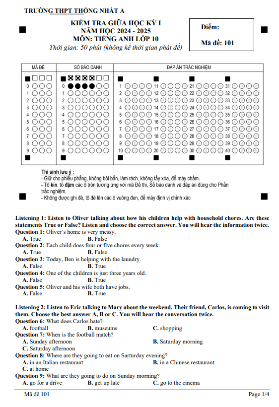 Đề giữa kì 1 Tiếng Anh 10 năm 2024 – 2025 trường THPT Thống Nhất A – Đồng Nai