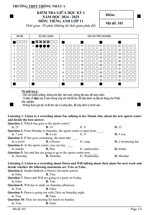 Đề giữa kì 1 Tiếng Anh 11 năm 2024 – 2025 trường THPT Thống Nhất A – Đồng Nai