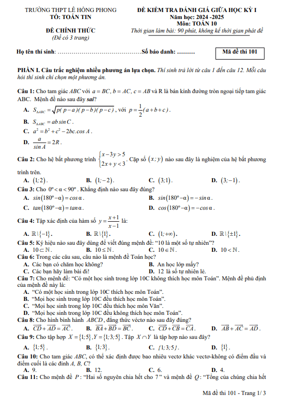 Đề giữa kì 1 Toán 10 năm 2024 – 2025 trường THPT Lê Hồng Phong – Đắk Lắk