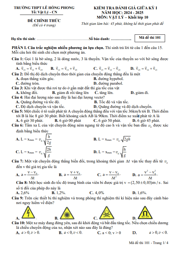 Đề giữa kì 1 Vật lí 10 năm 2024 – 2025 trường THPT Lê Hồng Phong – Đắk Lắk