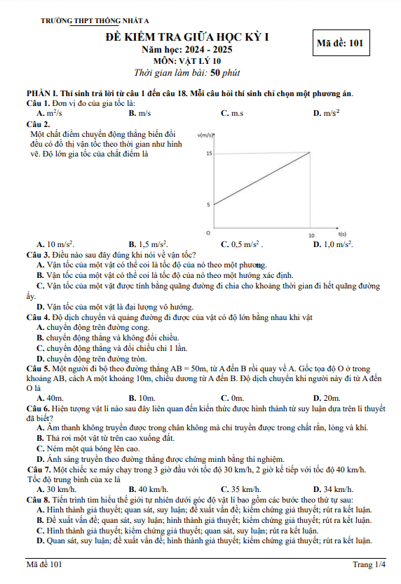 Đề giữa kì 1 Vật lí 10 năm 2024 – 2025 trường THPT Thống Nhất A – Đồng Nai