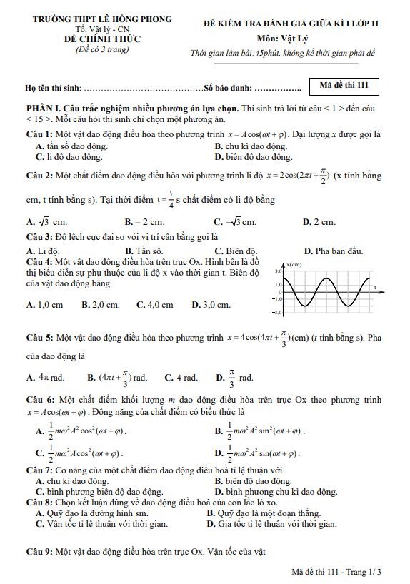 Đề giữa kì 1 Vật lí 11 năm 2024 – 2025 trường THPT Lê Hồng Phong – Đắk Lắk