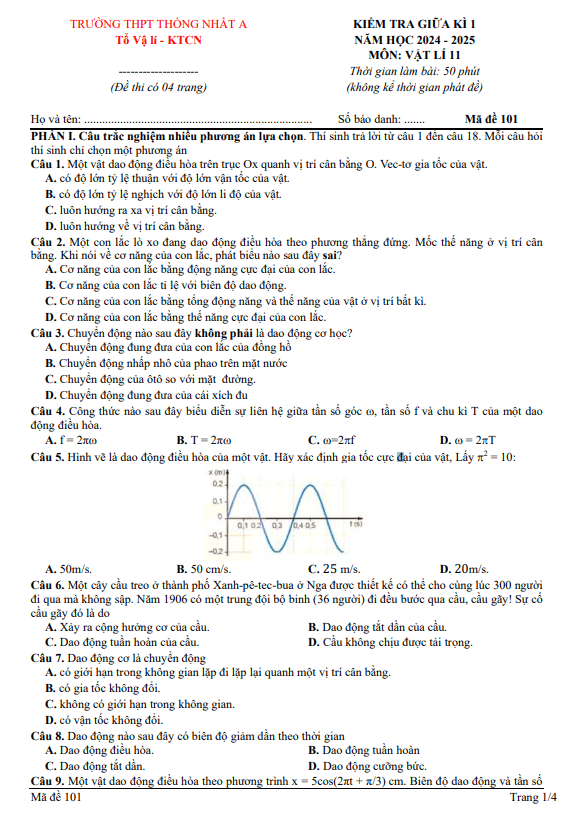 Đề giữa kì 1 Vật lí 11 năm 2024 – 2025 trường THPT Thống Nhất A – Đồng Nai