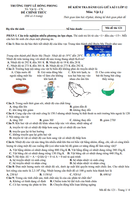 Đề giữa kì 1 Vật lí 12 năm 2024 – 2025 trường THPT Lê Hồng Phong – Đắk Lắk