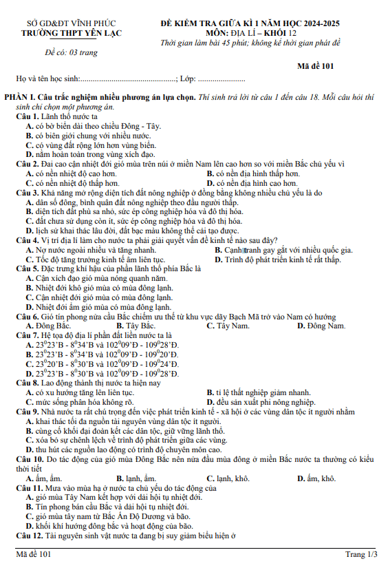 Đề giữa kỳ 1 Địa lí 12 năm 2024 – 2025 trường THPT Yên Lạc – Vĩnh Phúc