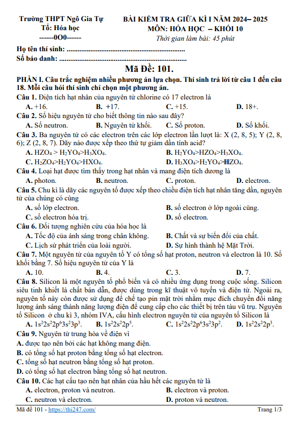 Đề giữa kỳ 1 Hóa học 10 năm 2024 – 2025 trường THPT Ngô Gia Tự – Đắk Lắk