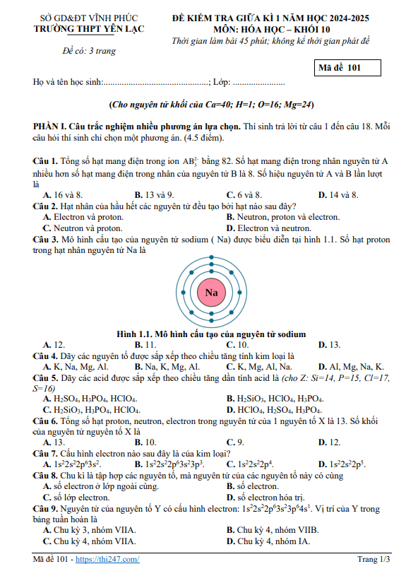 Đề giữa kỳ 1 Hóa học 10 năm 2024 – 2025 trường THPT Yên Lạc – Vĩnh Phúc
