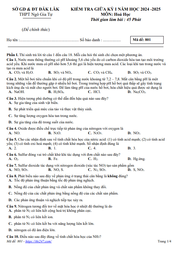 Đề giữa kỳ 1 Hóa học 11 năm 2024 – 2025 trường THPT Ngô Gia Tự – Đắk Lắk