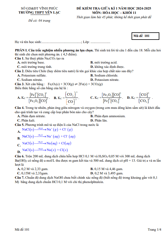 Đề giữa kỳ 1 Hóa học 11 năm 2024 – 2025 trường THPT Yên Lạc – Vĩnh Phúc