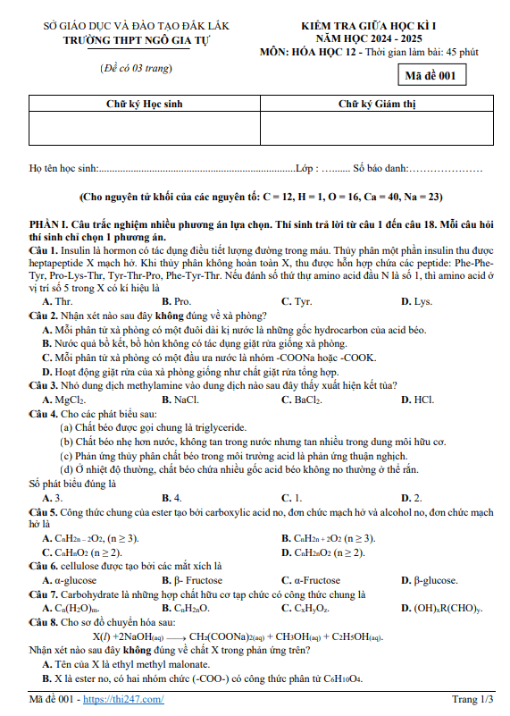Đề giữa kỳ 1 Hóa học 12 năm 2024 – 2025 trường THPT Ngô Gia Tự – Đắk Lắk