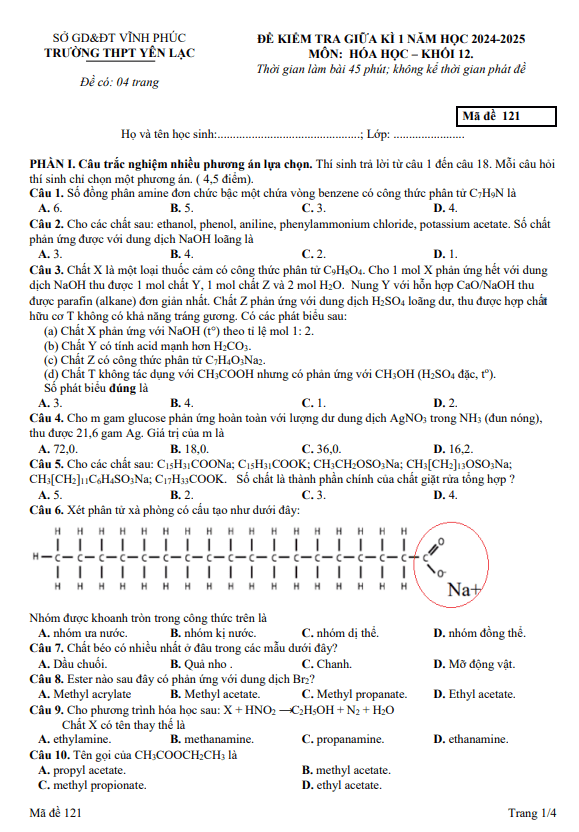 Đề giữa kỳ 1 Hóa học 12 năm 2024 – 2025 trường THPT Yên Lạc – Vĩnh Phúc