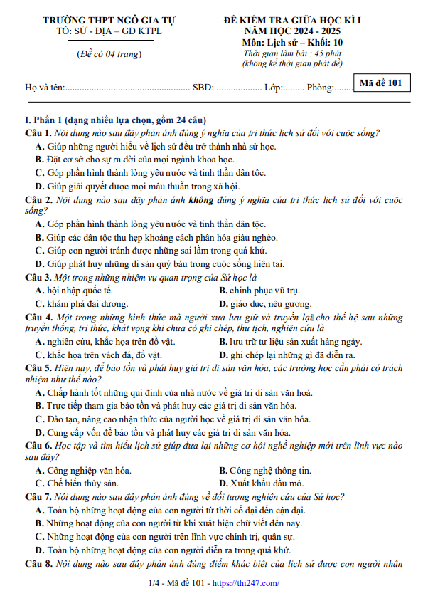 Đề giữa kỳ 1 Lịch sử 10 năm 2024 – 2025 trường THPT Ngô Gia Tự – Đắk Lắk