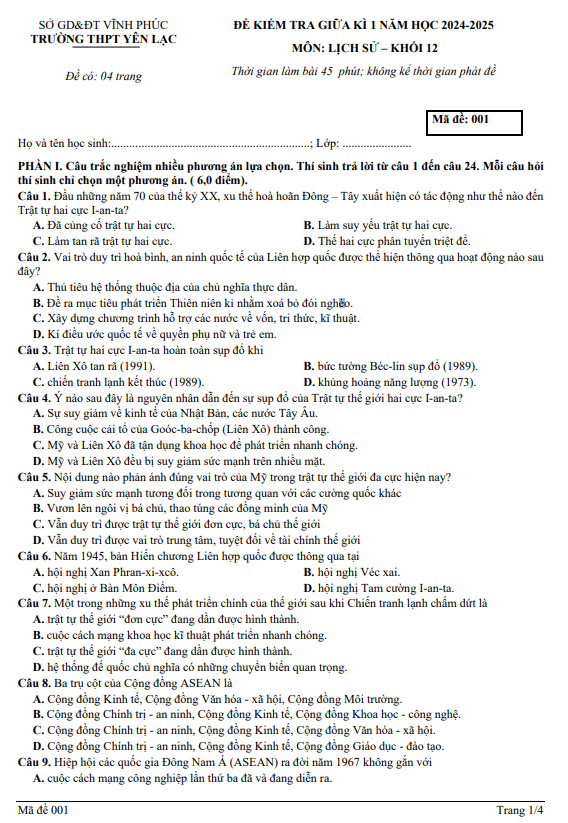 Đề giữa kỳ 1 Lịch sử 12 năm 2024 – 2025 trường THPT Yên Lạc – Vĩnh Phúc