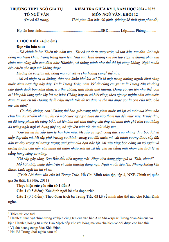 Đề giữa kỳ 1 Ngữ Văn 12 năm 2024 – 2025 trường THPT Ngô Gia Tự – Đắk Lắk
