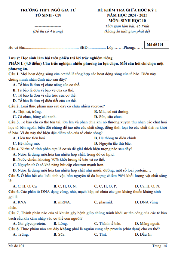 Đề giữa kỳ 1 Sinh học 10 năm 2024 – 2025 trường THPT Ngô Gia Tự – Đắk Lắk