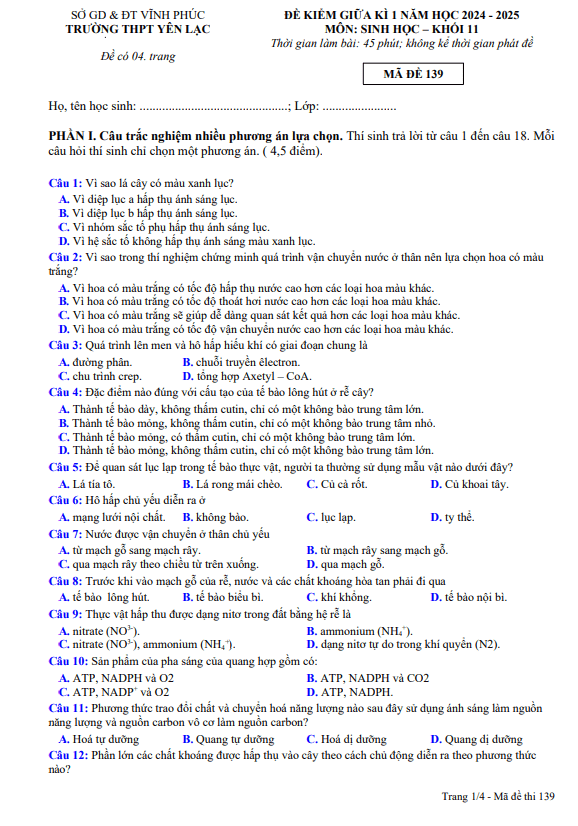 Đề giữa kỳ 1 Sinh học 11 năm 2024 – 2025 trường THPT Yên Lạc – Vĩnh Phúc