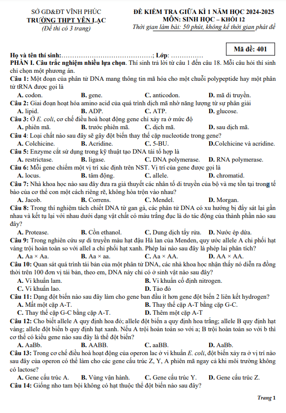 Đề giữa kỳ 1 Sinh học 12 năm 2024 – 2025 trường THPT Yên Lạc – Vĩnh Phúc