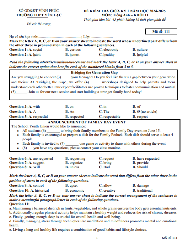 Đề giữa kỳ 1 Tiếng Anh 11 năm 2024 – 2025 trường THPT Yên Lạc – Vĩnh Phúc