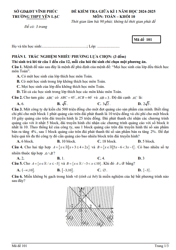 Đề giữa kỳ 1 Toán 10 năm 2024 – 2025 trường THPT Yên Lạc – Vĩnh Phúc