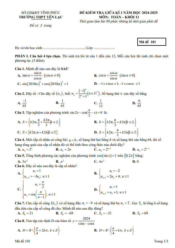 Đề giữa kỳ 1 Toán 11 năm 2024 – 2025 trường THPT Yên Lạc – Vĩnh Phúc