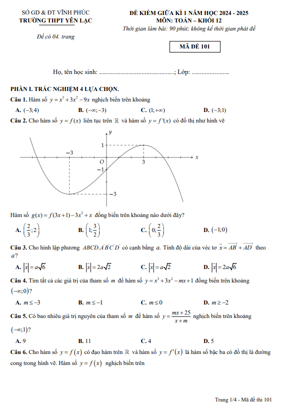 Đề giữa kỳ 1 Toán 12 năm 2024 – 2025 trường THPT Yên Lạc – Vĩnh Phúc