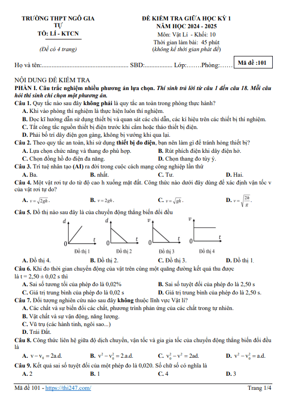 Đề giữa kỳ 1 Vật lí 10 năm 2024 – 2025 trường THPT Ngô Gia Tự – Đắk Lắk