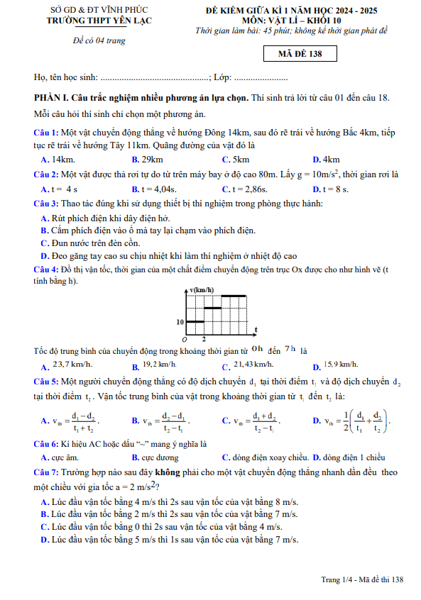 Đề giữa kỳ 1 Vật lí 10 năm 2024 – 2025 trường THPT Yên Lạc – Vĩnh Phúc