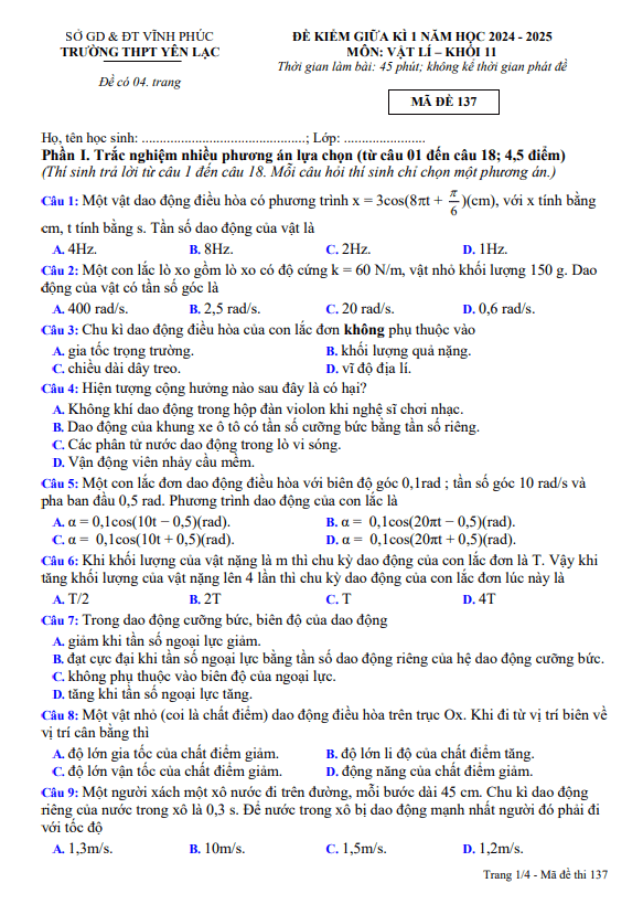 Đề giữa kỳ 1 Vật lí 11 năm 2024 – 2025 trường THPT Yên Lạc – Vĩnh Phúc