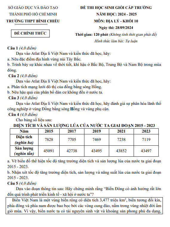 Đề học sinh giỏi Địa lí 10 năm 2024 – 2025 trường THPT Bình Chiểu – TP HCM