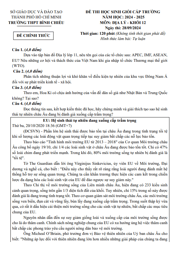 Đề học sinh giỏi Địa lí 12 năm 2024 – 2025 trường THPT Bình Chiểu – TP HCM