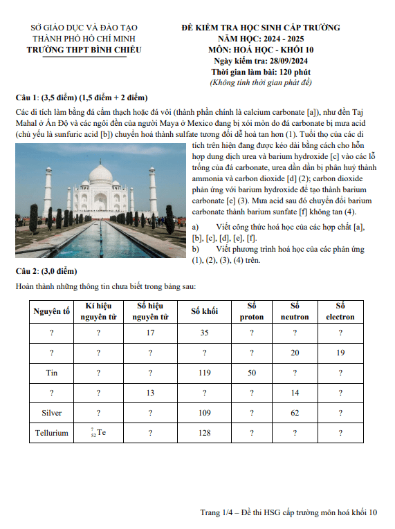 Đề học sinh giỏi Hóa học 10 năm 2024 – 2025 trường THPT Bình Chiểu – TP HCM