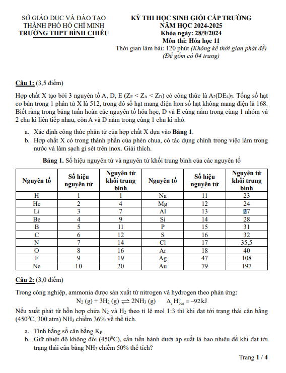 Đề học sinh giỏi Hóa học 11 năm 2024 – 2025 trường THPT Bình Chiểu – TP HCM
