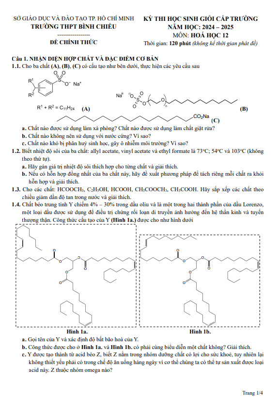 Đề học sinh giỏi Hóa học 12 năm 2024 – 2025 trường THPT Bình Chiểu – TP HCM