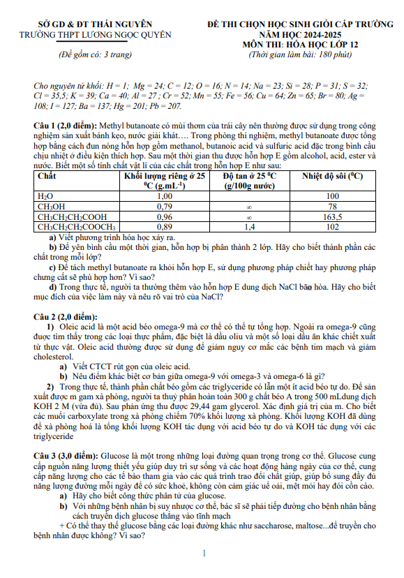Đề học sinh giỏi Hóa học 12 năm 2024 – 2025 trường THPT Lương Ngọc Quyến – Thái Nguyên