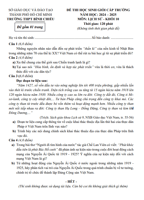 Đề học sinh giỏi Lịch sử 10 năm 2024 – 2025 trường THPT Bình Chiểu – TP HCM