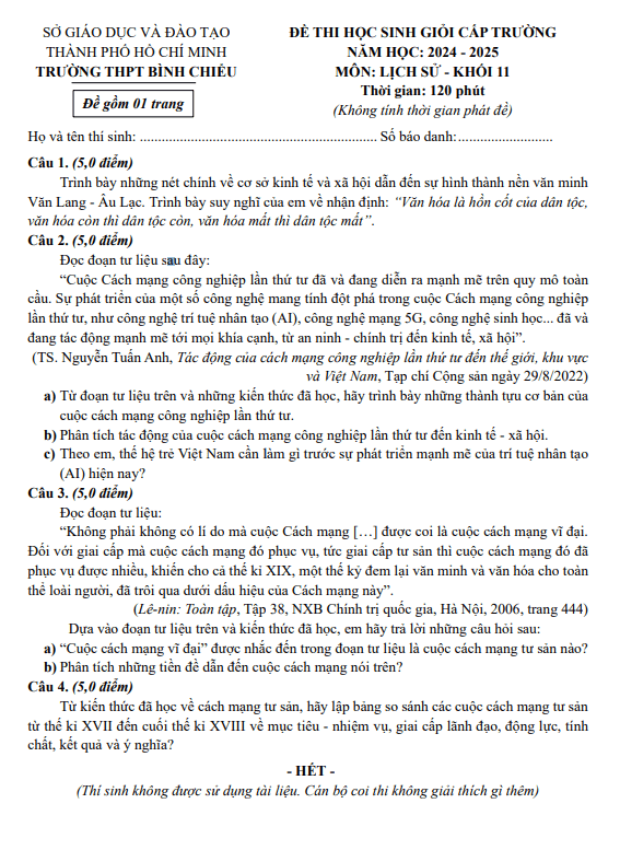Đề học sinh giỏi Lịch sử 11 năm 2024 – 2025 trường THPT Bình Chiểu – TP HCM