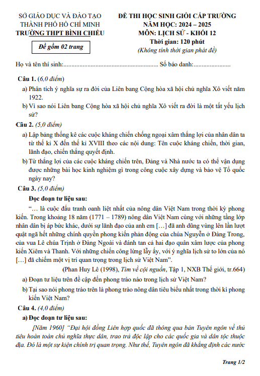 Đề học sinh giỏi Lịch sử 12 năm 2024 – 2025 trường THPT Bình Chiểu – TP HCM