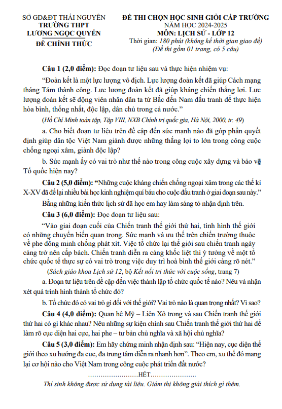 Đề học sinh giỏi Lịch sử 12 năm 2024 – 2025 trường THPT Lương Ngọc Quyến – Thái Nguyên