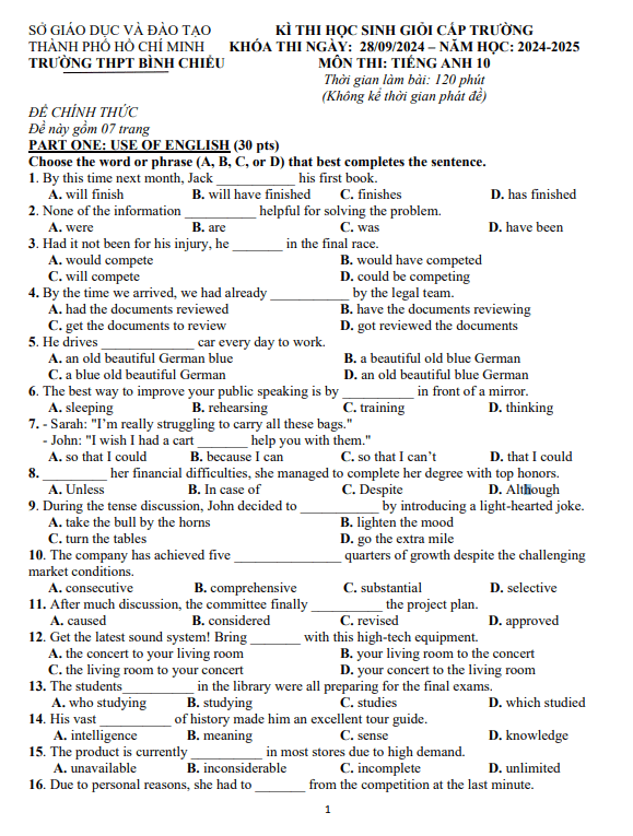 Đề học sinh giỏi Tiếng Anh 10 năm 2024 – 2025 trường THPT Bình Chiểu – TP HCM