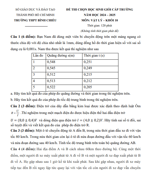 Đề học sinh giỏi Vật lí 10 năm 2024 – 2025 trường THPT Bình Chiểu – TP HCM