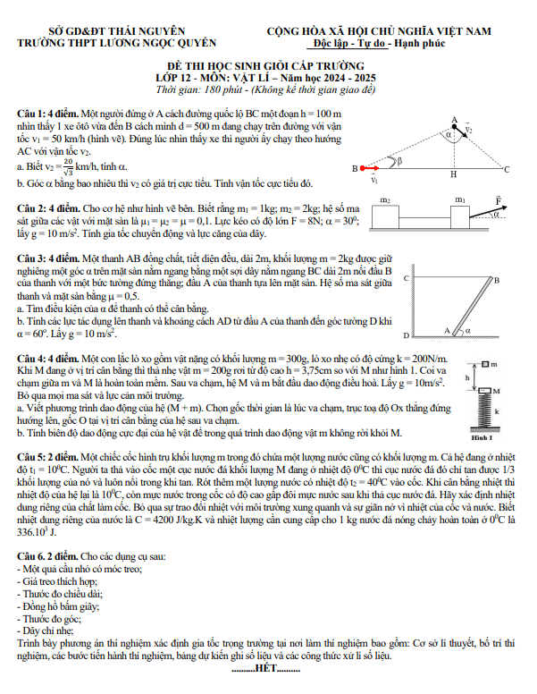 Đề học sinh giỏi Vật lí 12 năm 2024 – 2025 trường THPT Lương Ngọc Quyến – Thái Nguyên