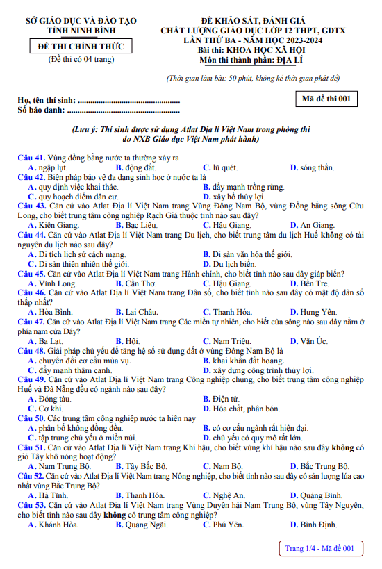 Đề khảo sát chất lượng Địa lí 12 lần 3 năm 2023 – 2024 sở GD&ĐT Ninh Bình