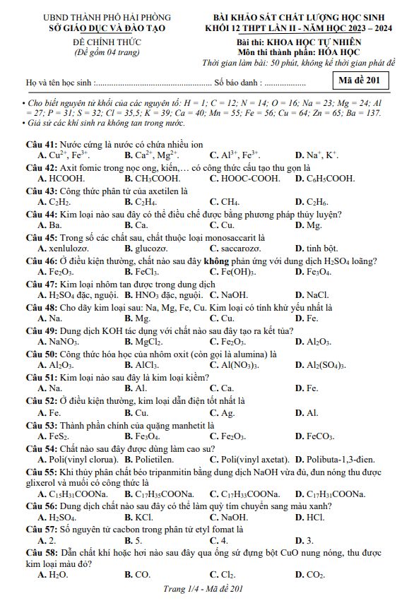 Đề khảo sát chất lượng Hóa học 12 lần 2 năm 2023 – 2024 sở GD&ĐT Hải Phòng