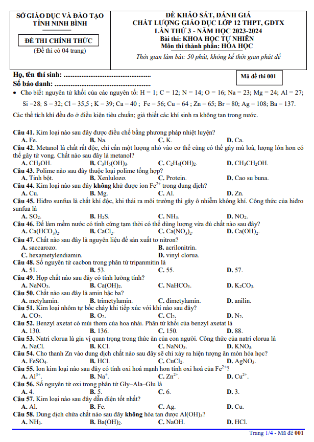 Đề khảo sát chất lượng Hóa học 12 lần 3 năm 2023 – 2024 sở GD&ĐT Ninh Bình