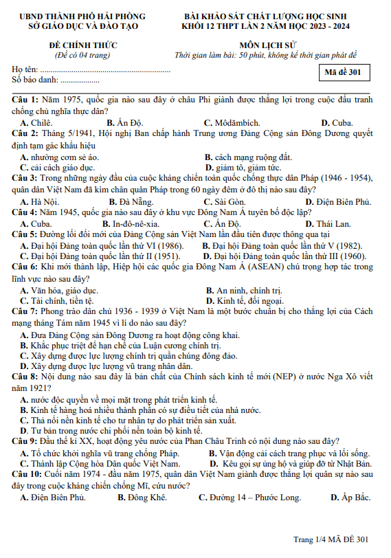 Đề khảo sát chất lượng Lịch sử 12 lần 2 năm 2023 – 2024 sở GD&ĐT Hải Phòng