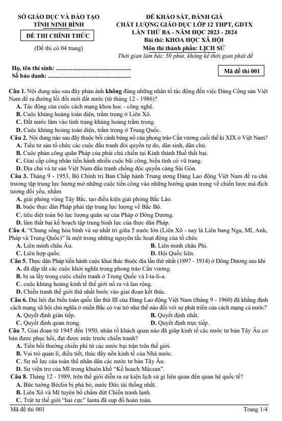 Đề khảo sát chất lượng Lịch sử 12 lần 3 năm 2023 – 2024 sở GD&ĐT Ninh Bình